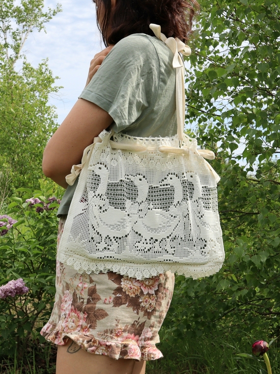 Handmade Handbags - Upcycled White Crochet Vintage Lace Tote Bag Goose Geese Ducks